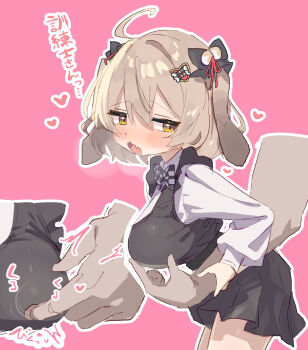 1boy 1girl ahoge animal_ears biscuit_(nikke) black_bow black_dress blush bone_hair_ornament bow bowtie brown_hair collared_shirt commander_(nikke) disembodied_hand dog_ears dog_girl dress fang from_side furrowed_brow goddess_of_victory:_nikke hair_bow hair_ornament hair_ribbon heart highres in_heat long_sleeves looking_back multiple_views nipple_stimulation nipple_tweak open_mouth pink_background red_ribbon ribbon shirt short_hair skin_fang tiffany_blews translation_request two-tone_bow two-tone_bowtie white_shirt yellow_eyes