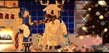 1boy 1girl absurdres adaman_(pokemon) antlers arm_wrap bell blonde_hair blue_hair box candle christmas christmas_lights christmas_ornaments christmas_tree commentary_request fake_antlers fireplace gen_4_pokemon gift gift_box glaceon gomabu_(rirurutennsi) hat highres horns indoors irida_(pokemon) leafeon letterboxed multicolored_hair neck_bell nintendo pokemon pokemon_legends:_arceus reindeer_antlers santa_hat sparkle two-tone_hair watermark wyrdeer