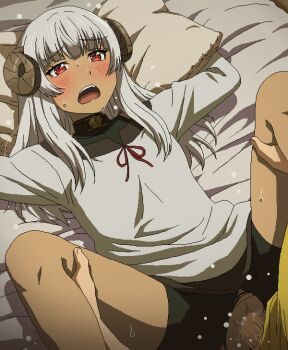 1boy 1girl arms_up bare_legs bed bed_sheet black_shorts blush brown_horns censored chiyu_mahou_no_machigatta_tsukaikata clothed_sex commentary_request curled_horns feet_out_of_frame felm_(chiyu_mahou) hetero horns leg_grab long_hair lying missionary mosaic_censoring on_back open_mouth pants pillow pillow_grab pussy red_eyes sex shirt shorts sweat sweatdrop tan teeth thighs tomu_(tomubobu) torn_clothes torn_pants torogao upper_teeth_only usato_ken vaginal white_hair white_pilow white_sheet white_shirt