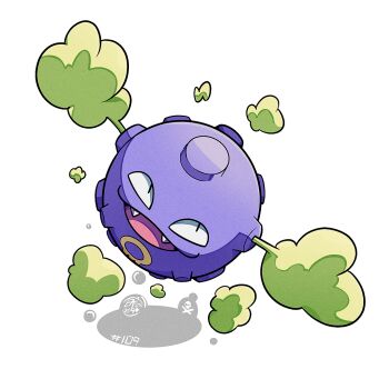 fangs full_body gen_1_pokemon koffing looking_at_viewer mistray-art nintendo no_humans open_mouth pokemon pokemon_(creature) signature simple_background smoke solo white_background