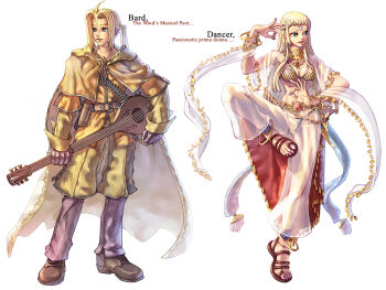 1boy 1girl ahoge anklet bard_(ragnarok_online) belt bikini blonde_hair bracelet breasts cape cleavage coin dagger dancer_(ragnarok_online) dancing dart earrings english_text engrish_text forehead_jewel gloves green_eyes harem_pants instrument jewelry knife large_breasts leg_lift long_hair lots_of_jewelry lute_(instrument) midriff nail_polish official_art pants ponytail purple_nails ragnarok_online ranguage sandals see-through_clothes swimsuit underboob weapon