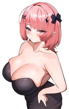 Rule 34 | 1girl, absurdres, armpit crease, bare arms, bare shoulders, black bow, black dress, blush, bow, breasts, cleavage, closed mouth, commentary, cowboy shot, dress, english commentary, expressionless, from above, frown, hair bow, hand on own hip, highres, huge breasts, large breasts, looking at viewer, medium hair, missing wings, pingun, pink eyes, pink hair, pointy ears, remielle dan, simple background, skindentation, solo, standing, tsurime, white background, zenless zone zero