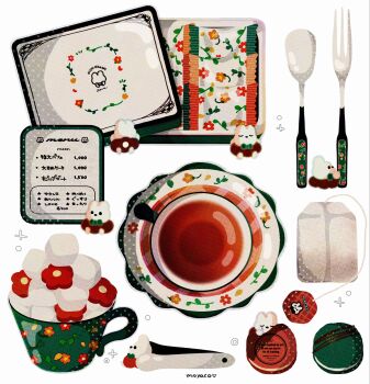 artist_name commentary cup drink food fork highres macaron marshmallow moyaco mug no_humans original saucer spoon symbol-only_commentary tea teabag teacup tongs
