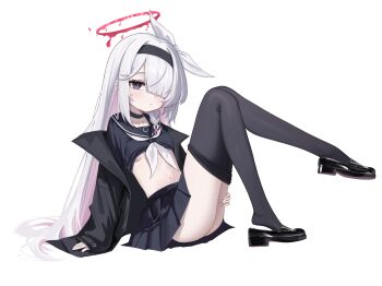 1girl absurdres arm_support black_choker black_coat black_hairband black_pantyhose black_sailor_collar black_serafuku black_shirt black_shoes black_skirt blue_archive blush bow braid breasts choker closed_mouth clothes_lift clothes_pull coat collarbone colored_inner_hair commentary full_body grey_eyes hair_bow hair_ornament hair_over_one_eye hairband halo hand_on_own_thigh highres knees_together_feet_apart knees_up legs loafers long_hair long_sleeves looking_at_viewer making-of_available melting_halo miniskirt multicolored_hair navel neckerchief off_shoulder one_eye_covered open_clothes open_coat pantyhose pantyhose_pull pink_hair pink_halo plana_(blue_archive) pleated_skirt procreate_(medium) red_pupils sailor_collar sailor_shirt school_uniform serafuku shirt shirt_lift shoe_dangle shoes side_braid sidelocks simple_background single_braid sitting skirt sleeves_past_wrists small_breasts solo two-tone_hair underboob very_long_hair white_background white_bow white_hair white_neckerchief xiaoxiaoyifan