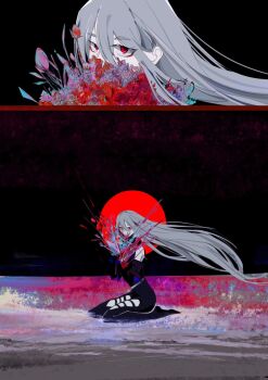 1girl arknights arm_cuffs bare_shoulders beach black_background black_chaps black_gloves black_pants black_shirt black_sky bouquet chaps clothing_cutout detached_sleeves floating_hair flower foam full_body gloves hair_between_eyes highres jinfeng0430 long_hair long_sleeves looking_at_viewer no_headwear pants red_eyes shirt sitting skadi_(arknights) skadi_(elite_ii)_(arknights) sky solo split_screen sun thigh_cutout very_long_hair wariza water