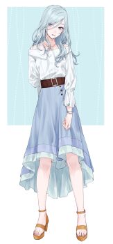 1girl absurdres ankle_strap aqua_background arm_at_side arm_behind_back bare_shoulders belt blue_eyes blue_hair blue_skirt bracelet brown_belt brown_sandals buttons clenched_hand collarbone eyelashes eyes_visible_through_hair facing_viewer fingernails frilled_skirt frilled_sleeves frills full_body glint gold_necklace hair_over_shoulder head_tilt high-low_skirt highres hinomori_shizuku jewelry light_blue_hair long_fingernails long_hair long_sleeves mole mole_under_mouth necklace off-shoulder_shirt off_shoulder parted_lips pink_nails platform_sandals project_sekai puffy_long_sleeves puffy_sleeves sa_tsuko sandals shirt sideways_glance simple_background skirt solo square standing straight_hair striped_clothes striped_skirt swept_bangs toenails tsurime two-tone_background vertical-striped_clothes vertical-striped_skirt wavy_hair white_background white_shirt