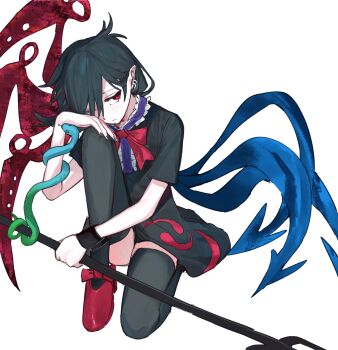 1girl asymmetrical_wings black_dress black_hair black_thighhighs commentary_request dress ear_piercing expressionless hand_on_own_knee highres holding holding_polearm holding_weapon houjuu_nue piercing pointy_ears polearm red_eyes red_shoes shoes short_hair simple_background sitting solo takoyaki5221 thighhighs touhou trident weapon white_background wings