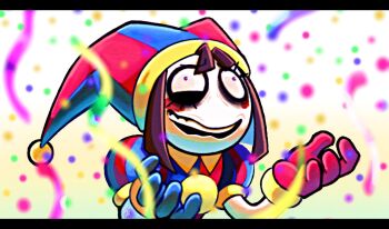 1girl asymmetrical_gloves bags_under_eyes black_eyeshadow blue_eyes blue_gloves blush_stickers brown_hair colored_eyelashes colored_skin confetti constricted_pupils despair desperation eye_twitch eyeshadow fatis gloves gradient_background hat hat_bell highres jester jester_cap jester_costume makeup mismatched_eyelashes mismatched_gloves multicolored_eyes multicolored_hat pom_pom_(clothes) pomni_(the_amazing_digital_circus) puffy_short_sleeves puffy_sleeves red_eyes red_gloves short_hair short_sleeves solo striped_clothes striped_headwear teeth the_amazing_digital_circus two-tone_eyes upper_teeth_only vertical-striped_bodysuit vertical-striped_clothes vertical-striped_headwear wall-eyed wavy_mouth white_skin wince