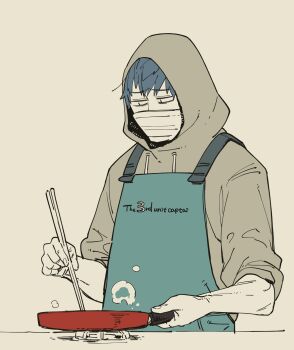 Rule 34 | 1boy, apron, blue apron, chopsticks, clothes writing, commentary request, cooking, english text, fate/grand order, fate (series), grey hair, highres, holding, holding chopsticks, holding pan, kokujin youhei, long sleeves, looking down, male focus, mask, mouth mask, saitou hajime (fate), solo, stove, upper body