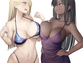 2girls bare_shoulders bikini black_hair blonde_hair blue_bikini blue_eyes blunt_ends blush breast_press breasts cleavage clenched_hands closed_mouth collarbone commentary_request confrontation cowboy_shot dark-skinned_female dark_skin dress evening_gown eye_contact faceoff from_side hair_behind_ear hair_over_one_eye hands_on_own_hips highleg highleg_bikini highres large_breasts long_hair looking_at_another multiple_girls navel nyatabe open_mouth original profile purple_dress red_eyes sideways_mouth simple_background sleeveless sleeveless_dress smile smirk spaghetti_strap standing stare_down stomach swimsuit symmetrical_docking w_arms white_background