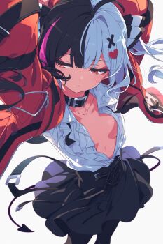 1girl arms_up black_choker black_pantyhose black_skirt breasts choker dgle3370 expressionless lacrimosa_(nte) neverness_to_everness pantyhose partially_unbuttoned sideboob skirt solo tail