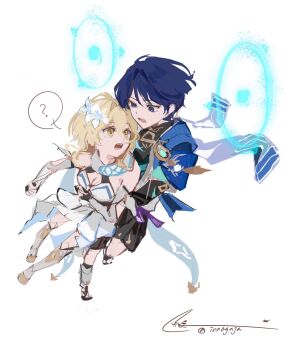 Rule 34 | 1boy, 1girl, arm around waist, arm cutout, arms at sides, black bodysuit, black bridal gauntlets, black shorts, blonde hair, blue cape, blue gem, blue halo, blue kimono, blue trim, blunt ends, bodysuit, breasts, bridal gauntlets, bright pupils, cape, carrying, carrying person, choppy bangs, cleavage, clenched hand, clothing cutout, commentary request, detached sleeves, double halo, dress, eyelashes, eyeliner, feathers, flower, flying, full body, furisode, gem, genshin impact, gold, hair flower, hair intakes, hair ornament, halo, halo behind head, halterneck, hand on another's stomach, highres, hug, hug from behind, innagaja, japanese clothes, juban, kimono, korean commentary, large breasts, looking at another, lower teeth only, lumine (genshin impact), makeup, multiple halos, open clothes, open kimono, open mouth, pom pom (clothes), purple eyes, purple hair, red eyeliner, scaramouche (genshin impact), scarf, short hair, short hair with long locks, short sleeves, shorts, sidelocks, signature, sketch, spoilers, tassel, teeth, thighhighs, tongue, tsurime, twitter username, uneven eyes, upper teeth only, vambraces, wanderer (genshin impact), white dress, white flower, white kimono, white pupils, white scarf, white sleeves, white thighhighs, white trim, wide-eyed, yellow eyes, yellow feathers