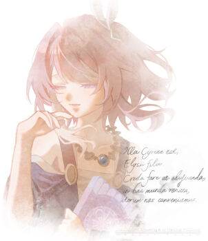 1girl as_i've_written_(honkai:_star_rail) book breasts coat commentary_request cyrene_(honkai:_star_rail) cyrene_(philia093)_(honkai:_star_rail) dress hair_ornament half-closed_eyes highres holding holding_book honkai:_star_rail honkai_(series) jewelry necklace pink_hair purple_coat rin1719073 short_hair small_breasts solo white_dress