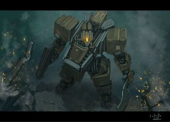 Rule 34 | bottoms1237, glowing, glowing eye, glowing eyes, gun, highres, holding, holding gun, holding weapon, mecha, mecha focus, mobile suit, no humans, original, robot, science fiction, weapon