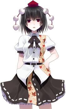 Rule 34 | 1girl, arm behind back, belt, black belt, black bow, black bowtie, black hair, black skirt, bow, bowtie, breasts, buttons, collared shirt, commentary request, cowboy shot, crote, frilled skirt, frills, hand on own hip, hat, highres, large variant set, leaf print, legs apart, looking at viewer, maple leaf print, parted lips, puffy short sleeves, puffy sleeves, red eyes, red hat, ribbon-trimmed skirt, ribbon trim, shameimaru aya, shirt, short hair, short sleeves, skirt, sleeve cuffs, solo, standing, tachi-e, teeth, tokin hat, touhou, transparent background, upper teeth only, v-shaped eyebrows, variant set, white shirt