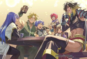 3boys 3girls albel_nox black_thighhighs blonde_hair blue_hair cliff_fittir closed_mouth commentary crop_top crossed_legs fayt_leingod gloves indesign long_hair looking_at_viewer maria_traydor midriff multicolored_hair multiple_boys multiple_girls nel_zelpher one_eye_closed open_mouth red_hair scarf short_hair sitting skirt smile sophia_esteed star_ocean star_ocean:_till_the_end_of_time striped_clothes striped_scarf thighhighs
