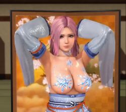 1girl 3d animated armpits arms_behind_head bouncing_breasts breasts dancing dead_or_alive dead_or_alive_xtreme dead_or_alive_xtreme_venus_vacation detached_sleeves elise_(doa) large_breasts long_hair looking_at_viewer pasties pink_hair snowflake_ornament snowflake_print snowflakes solo tagme tree upper_body video
