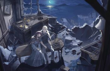 1boy 1girl black_shirt blonde_hair blue_eyes broken_wall broken_window brown_hood chart city closed_eyes closed_mouth desk dress ed_rothtaylor grey_pants highres instrument long_hair long_sleeves looking_at_another lortelle_kecheln moon moonlight mountain official_art pants piano ponytail red_hair ruins scales seal ship shirt short_hair sitting smile table the_extra&#039;s_academy_survival_guide water watercraft white_dress window