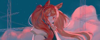 Rule 34 | 1girl, angelina (arknights), animal ears, arknights, brown hair, closed mouth, coat, commentary request, fox ears, hairband, highres, infection monitor (arknights), kajol98606618, long hair, looking at viewer, outdoors, portrait, red eyes, red hairband, sky, smile, solo, star (sky), starry sky, truss, twintails, white coat