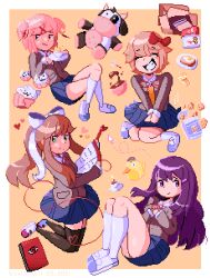 Rule 34 | 4girls, ^ ^, animal-themed food, artist name, black thighhighs, blazer, blonde hair, blue skirt, blush stickers, book, border, bow, box, bread, bread slice, brown hair, bunijayy, buttons, chocolate chip cookie, closed eyes, closed mouth, collared shirt, commentary, cookie, crossed legs, cup, cupcake, cursor, dated, doki doki literature club, dotted line, drink, english commentary, food, fried egg, fried egg on toast, full body, grey jacket, grin, hair bow, hair ornament, hair ribbon, hairclip, hands on lap, hands on own chest, heart, highres, holding, holding book, holding drink, holding pen, holding saucer, jacket, kneehighs, layered sleeves, long hair, long sleeves, mary janes, miniskirt, monika (doki doki literature club), multiple girls, natsuki (doki doki literature club), neck ribbon, notebook, open book, open clothes, open jacket, orange background, outside border, pen, pink eyes, pink hair, pixel art, pleated skirt, ponytail, purple hair, red bow, red ribbon, ribbon, saucer, sayori (doki doki literature club), school uniform, shirt, shoes, short hair, sidelocks, simple background, skirt, smile, smirk, snack, socks, speed lines, spilling, stuffed animal, stuffed cow, stuffed duck, stuffed toy, tea, teacup, thighhighs, toast, tress ribbon, two side up, very long hair, vest, white border, white bow, white footwear, white shirt, white socks, yellow vest, yuri (doki doki literature club)