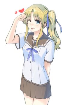 1girl arm_behind_back arm_up blonde_hair blue_eyes blue_ribbon brown_skirt ef_(visual_novel) hayama_mizuki heart highres one_eye_closed plaid_clothes ribbon sailor_collar sans_evieria shirt skirt solo tongue tongue_out white_background white_shirt