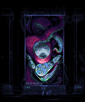 1other absurdres creature encasement eyeball flashlight glass highres holding holding_flashlight horror_(theme) looking_at_another mini_person museum original pixel_art spotlight standing tentacles ventiquepxl wide-eyed