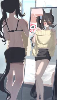 Rule 34 | 1girl, alternate hairstyle, animal ears, black bra, black hair, black skirt, blush, bra, closed mouth, commentary request, hair between eyes, hair ornament, hair scrunchie, highres, holding, holding unworn clothes, horse ears, horse girl, horse tail, indoors, long bangs, long hair, looking at mirror, loosely tucked bangs, manhattan cafe (umamusume), miniskirt, mirror, off-shoulder sweater, off shoulder, ponytail, scrunchie, side ponytail, skirt, sll80jodo758038, solo, standing, sweater, tail, umamusume, underwear, unworn sweater, yellow eyes, yellow sweater