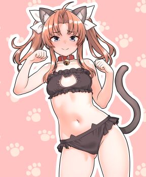 1girl absurdres ahoge animal_collar animal_ears bell bikini black_bikini blush bow breasts brown_hair cat_bikini cat_cutout cat_ears cat_tail clothing_cutout collar commentary_request curvy embarrassed facing_viewer fake_tail flat_chest frilled_bikini frills full-face_blush furaggu_(frag_0416) hair_bow hands_up highres kagerou_(kancolle) kantai_collection looking_at_viewer narrow_waist navel neck_bell paw_pose paw_print paw_print_background pink_background red_collar revealing_clothes bad_tag shy small_breasts solo standing stomach swimsuit tail thighs twintails variant_set white_bow