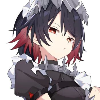 1girl :/ black_hair closed_mouth colored_inner_hair commentary_request ellen_joe hairband looking_at_viewer metal_hairband multicolored_hair portrait razor_blade_hair_ornament red_eyes red_hair shark_girl short_hair simple_background solo spiked_headband white_background zenless_zone_zero zhishi_hanbao_bao