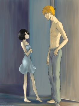 Rule 34 | 1boy, 1girl, barefoot, black hair, bleach, blue dress, crossed arms, dress, highres, kuchiki rukia, kurosaki ichigo, legs, orange hair, pants, parted lips, purple eyes, topless male, short hair, sweatpants, wet, yuria-chu