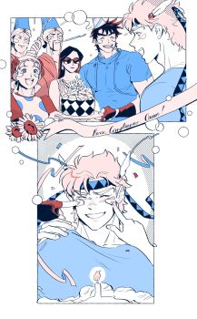 bandana battle_tendency birthday birthday_cake birthday_party caesar_anthonio_zeppeli cake candle confetti fez_hat fingerless_gloves food gloves hakmonss happy_birthday hat highres holding holding_party_popper jojo_no_kimyou_na_bouken joseph_joestar joseph_joestar_(young) lisa_lisa loggins_(jojo) messina_(jojo) muted_color party party_hat party_horn party_popper polka_dot red_stone_of_aja sunglasses suzi_q