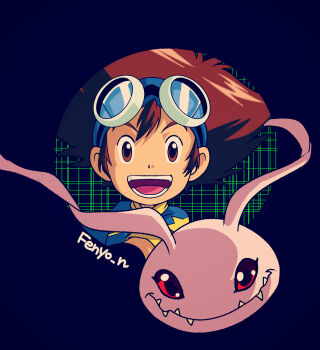 Rule 34 | 1boy, :d, artist name, black background, blue shirt, brown eyes, brown hair, colored skin, creature request, digimon, digimon (creature), digimon adventure, fenyon, goggles, goggles on head, highres, koromon, looking at viewer, open mouth, pink skin, portrait, sharp teeth, shirt, smile, spiked hair, teeth, yagami taichi
