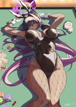 1girl absurdres animal_ears armpits black_leotard blue_archive blue_bow blue_bowtie bow bowtie breasts card closed_mouth dark-skinned_female dark_skin dated dice doodle_sensei_(blue_archive) fake_animal_ears fishnet_pantyhose fishnets frost.37 gloves halo highres karin_(blue_archive) karin_(bunny)_(blue_archive) large_breasts leotard long_hair lying on_back pantyhose playboy_bunny playing_card poker_chip poker_table ponytail purple_hair rabbit_ears sensei_(blue_archive) shadow solo table thighs very_long_hair white_gloves wrist_cuffs yellow_background yellow_eyes