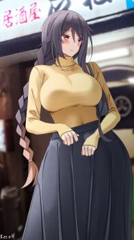 1girl black_hair black_skirt blurry blurry_background braid breasts brown_hair covered_navel day gradient_hair hair_between_eyes highres keenh large_breasts long_hair long_sleeves multicolored_hair original outdoors pleated_skirt purple_eyes sidelocks skirt smile solo standing sweater sweater_tucked_in turtleneck turtleneck_sweater two-tone_hair very_long_hair yellow_sweater