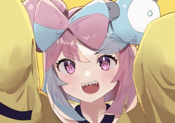 Rule 34 | 1girl, blue hair, blush, bow-shaped hair, commentary, hands up, highres, iono (pokemon), jacket, long hair, long sleeves, looking at viewer, multicolored hair, nintendo, open mouth, oversized clothes, pink eyes, pink hair, pokemon, pokemon sv, portrait, rotated, sharp teeth, shitara sunoko, sleeves past fingers, sleeves past wrists, smile, solo, straight-on, teeth, two-tone hair, yellow jacket