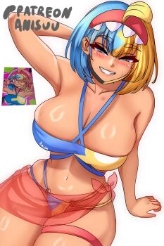 1girl anisdrawn breasts canari_(pokemon) canari_(pokemon)_(swimsuit) gyaru kusogaki large_breasts looking_at_viewer mask mask_pull mouth_mask multicolored_hair multicolored_mask nintendo pokemon pokemon_legends:_z-a solo streamer swimsuit thick_thighs thighs two-tone_mask wide_hips