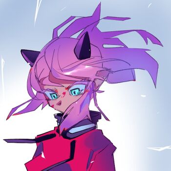 1girl blue_eyes commentary_request horns jacket looking_down original pink_fur ponytail red_jacket shin_(hemuchang) white_background