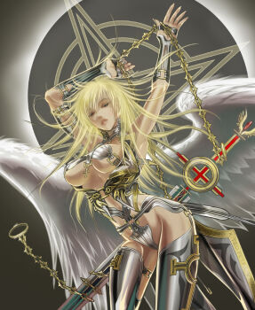 1girl armor blonde_hair breasts chain cross female_focus large_breasts long_hair nagasaki_yuko nail_polish solo sword thighhighs underboob weapon wings yukotan