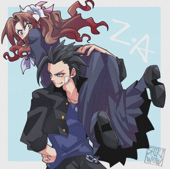 Rule 34 | 1boy, 1girl, aerith gainsborough, aerith gainsborough (midgard seventh high school), bandaid, bandaid on cheek, bandaid on face, wallet chain, black hair, black jacket, black pants, black shoes, blue eyes, blue serafuku, blue skirt, blush, bow, brown hair, carrying over shoulder, closed mouth, commentary request, cropped jacket, delinquent, final fantasy, final fantasy vii, final fantasy vii: ever crisis, full body, gakuran, green eyes, hair ribbon, hair slicked back, hand on own hip, high ponytail, jacket, jewelry, long hair, long skirt, looking at another, looking to the side, neckerchief, necklace, official alternate costume, open clothes, open jacket, open mouth, outside border, pants, parted bangs, pink ribbon, pleated skirt, ponytail, ribbon, school uniform, serafuku, shikiwo, shirt, shoes, short hair, skirt, smile, spiked hair, sukeban, upper body, white neckerchief, zack fair, zack fair (midgard seventh high school)