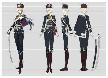 1girl absurdres arms_at_sides belt black_jacket black_pants blonde_hair blue_eyes boots brown_boots commission epaulettes flat_color from_behind from_side gloves hat highres holding holding_sword holding_weapon jacket looking_at_viewer military_hat military_uniform multiple_views mytea_(soso) original pants reference_sheet saber_(weapon) short_hair side_cape skeb_commission straight-on sword very_short_hair weapon white_gloves