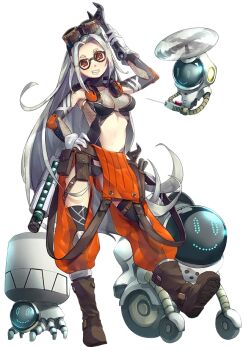 Rule 34 | 1girl, action taimanin, baggy pants, boots, breasts, goggles, goggles on head, grey hair, grin, hand on own hip, happy, keizo aruminuum, leotard, leotard under clothes, lilith-soft, long hair, looking at viewer, mekamura uraru, multiple others, navel, official art, orange eyes, pants, robot, smile, taimanin (series), taimanin suit, transparent background, very long hair