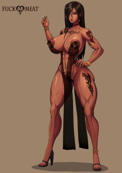 abs anklet armlet navel_piercing blue_nail_polish blue_nails bracelet breasts brown_hair chest_tattoo choker cigarette covered_erect_nipples cumdump ear_piercing earrings freyja_(kingbang) high_heels highres jewelry kingbang large_breasts leg_tattoo lipstick long_hair makeup muscular muscular_arms muscular_female muscular_legs muscular_female nail_polish nipple_piercing nipple_rings nipples original piercing smoking tattoo toeless_footwear toeless_legwear toenail_polish toenails toes