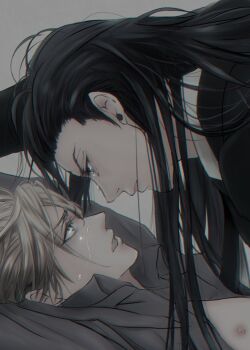 2boys bindi black_hair blonde_hair collar crying crying_with_eyes_open earrings eyebrows eyelashes eyes_visible_through_hair face-to-face final_fantasy final_fantasy_vii final_fantasy_vii_remake grey_background highres jewelry long_hair looking_at_another lying male_focus multiple_boys nipples open_mouth parted_lips ponco_pacoooon rufus_shinra shirt short_hair simple_background square_enix tears tseng turks_(ff7) wing_collar yaoi
