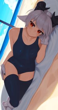 1girl absurdres animal_ears body_fur breasts collarbone commentary commission english_commentary grey_hair highres horns large_breasts looking_at_viewer lying monster_girl_encyclopedia on_side red_eyes smile solo swimsuit thighhighs yoako
