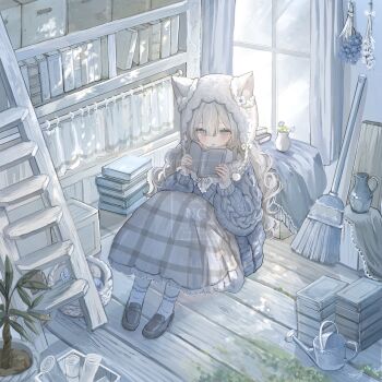 1girl animal_ears animal_hat basket blush bobby_socks book book_stack bookshelf box broom brown_shoes cable_knit cat_ears cat_hat collared_shirt curtains double-parted_bangs fake_animal_ears flower frilled_skirt frills grey_hair hair_between_eyes hands_up hanging_herbs hashtag-only_commentary hat herb highres holding holding_book inaba_0717 indoors knees_up loafers long_hair long_skirt long_sleeves neck_ribbon on_floor open_mouth original plaid_clothes plaid_skirt plant pom_pom_(clothes) potted_plant reading ribbon shirt shoes signature sitting skirt socks solo sweater vase watering_can watermark wavy_hair white_hat white_ribbon white_shirt white_socks window wooden_floor