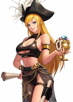 Rule 34 | 1girl, b. jenet, b.jenet, blonde hair, blue eyes, breasts, cleavage, cleavage cutout, clothing cutout, curvy, dress, female focus, hat, highres, large breasts, long hair, looking at viewer, pale skin, panties, see-through clothes, skirt, smile, standing, the king of fighters, thighs, underboob, underwear