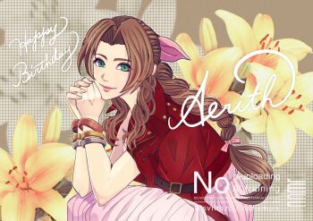 Rule 34 | 1girl, aerith gainsborough, bangle, bracelet, braid, braided ponytail, brown hair, character name, closed mouth, commentary request, dress, final fantasy, final fantasy vii, final fantasy vii remake, flower, green eyes, hair ribbon, happy, highres, jacket, jacket on shoulders, jewelry, lily (flower), long dress, long hair, looking at viewer, nanamori (svnthzc), own hands together, parted bangs, pink dress, pink ribbon, red jacket, ribbon, sidelocks, single braid, smile, solo, upper body, yellow flower