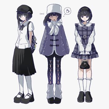 1girl bag black_hair blunt_bangs closed_eyes dress full_body fur_hat hat highres long_sleeves looking_at_viewer multiple_persona original oromnt papakha purple_eyes purple_hair short_hair skirt standing