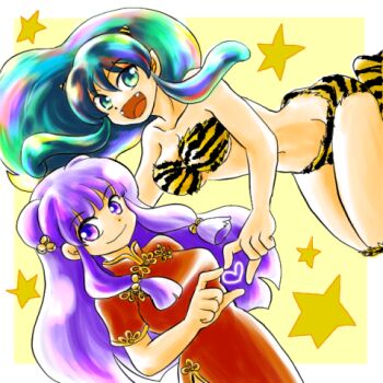 2girls bra china_dress chinese_clothes dress green_hair horns long_hair lum multiple_girls oni panties purple_hair ranma_1/2 shampoo_(ranma_1/2) sidelocks striped_bra striped_clothes striped_panties underwear urusei_yatsura