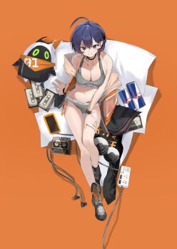 1girl absurdres bangboo_(zenless_zone_zero) bare_shoulders belle_(zenless_zone_zero) blue_hair bra breasts green_eyes grey_bra grey_panties hair_between_eyes highres k2_(jack_lin) large_breasts looking_at_viewer medium_hair orange_background panties simple_background thighs underwear zenless_zone_zero